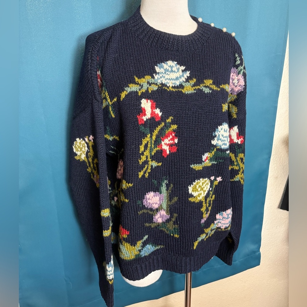 Vintage Wool Grannycore Oversized Floral Balloon Sleeve Sweater size XL